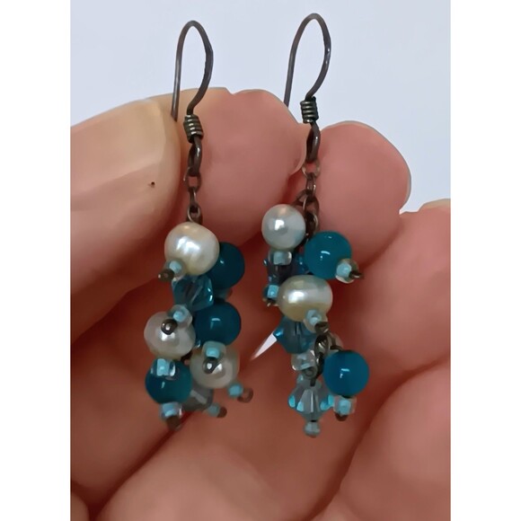 Sterling Silver Chalcedony & Pearl Cluster Dangle Earrings 1.5 in - Picture 9 of 13